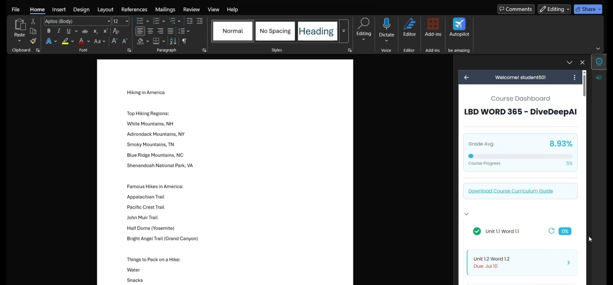 Student Dashboard View